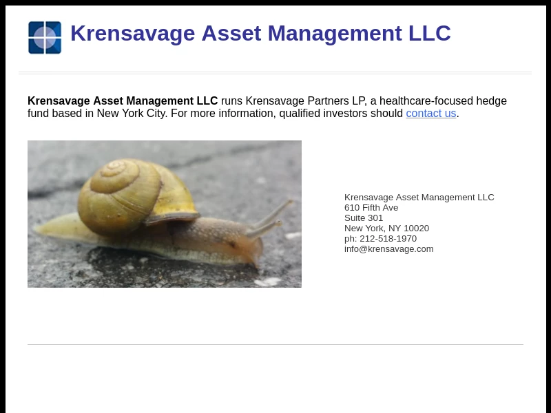 Krensavage Asset Management LLC - Krensavage Asset Management LLC runs Krensavage Partners LP, a healthcare-focused hedge fund based in New York City. For more information, qualified investors should contact us.﻿﻿ 