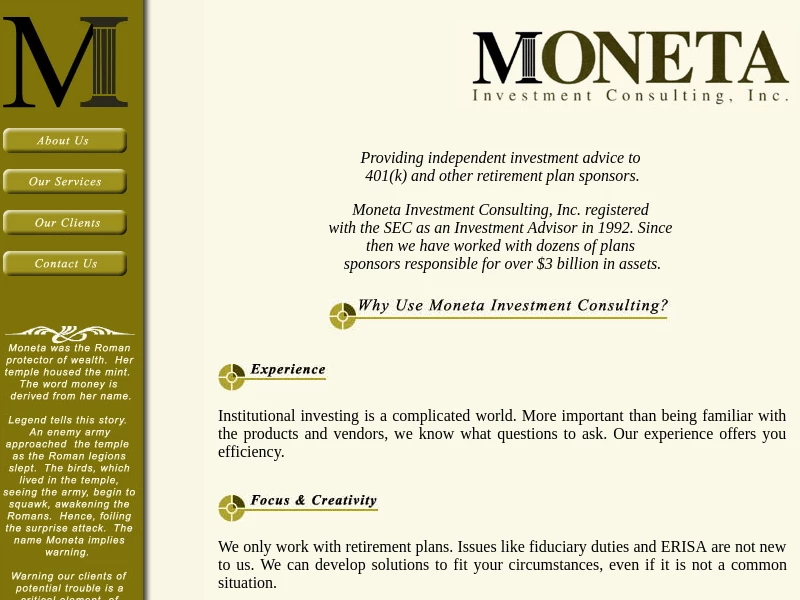Moneta Investment Consulting, Inc. - Providing independent investment advice to 401K and other retirement plan sponsors