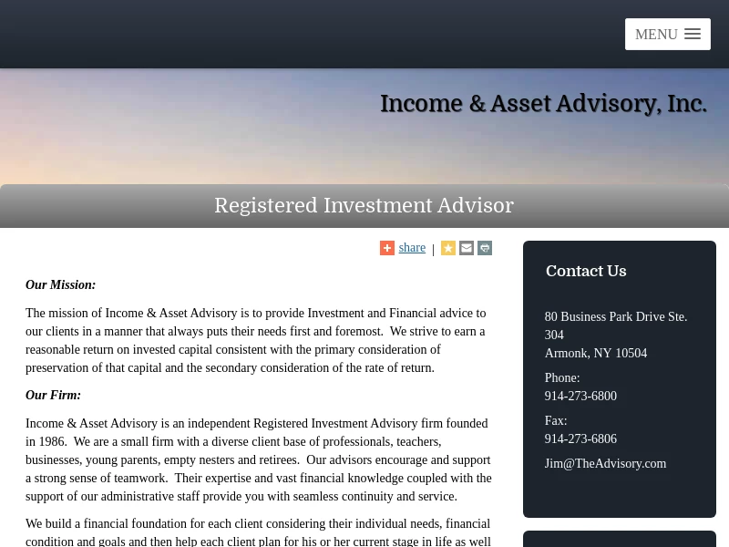 Income & Asset Advisory, Inc., Investment Advisor, Armonk, Westchester County, NY