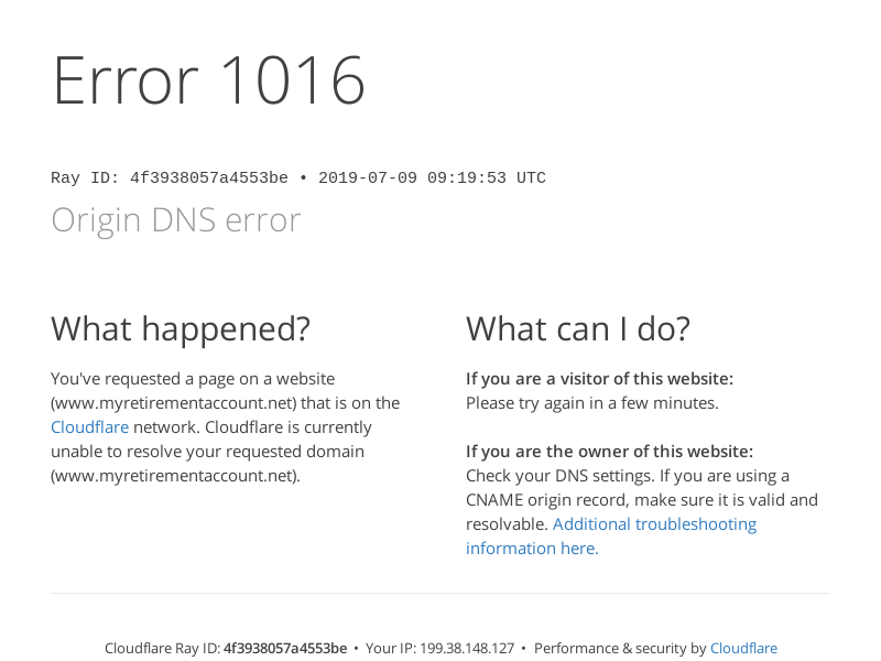 Origin DNS error | www.myretirementaccount.net | Cloudflare